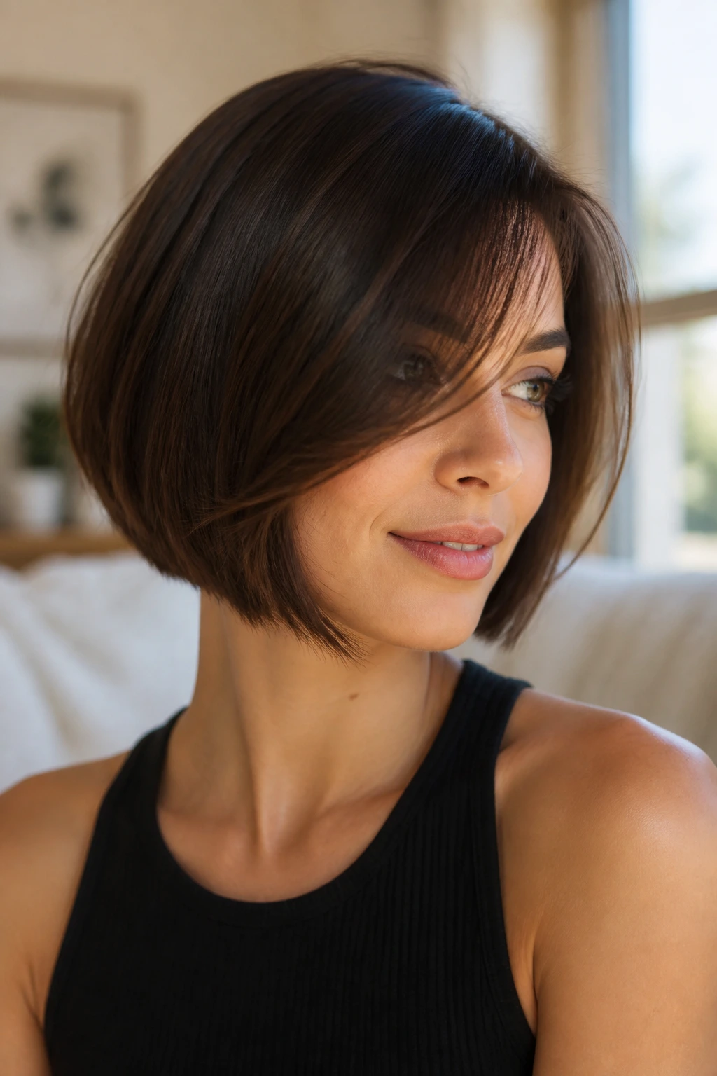 Real woman with curved chin-length bob and long side fringe in natural light