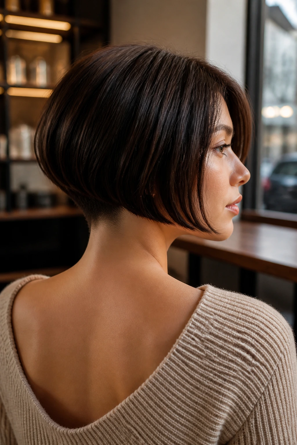 Close-up of a real woman with a curved bob and hidden undercut at the nape in warm light