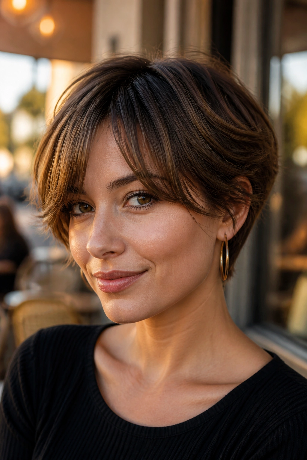 Close-up portrait of a real woman with curved curtain bangs on a bixie haircut.
