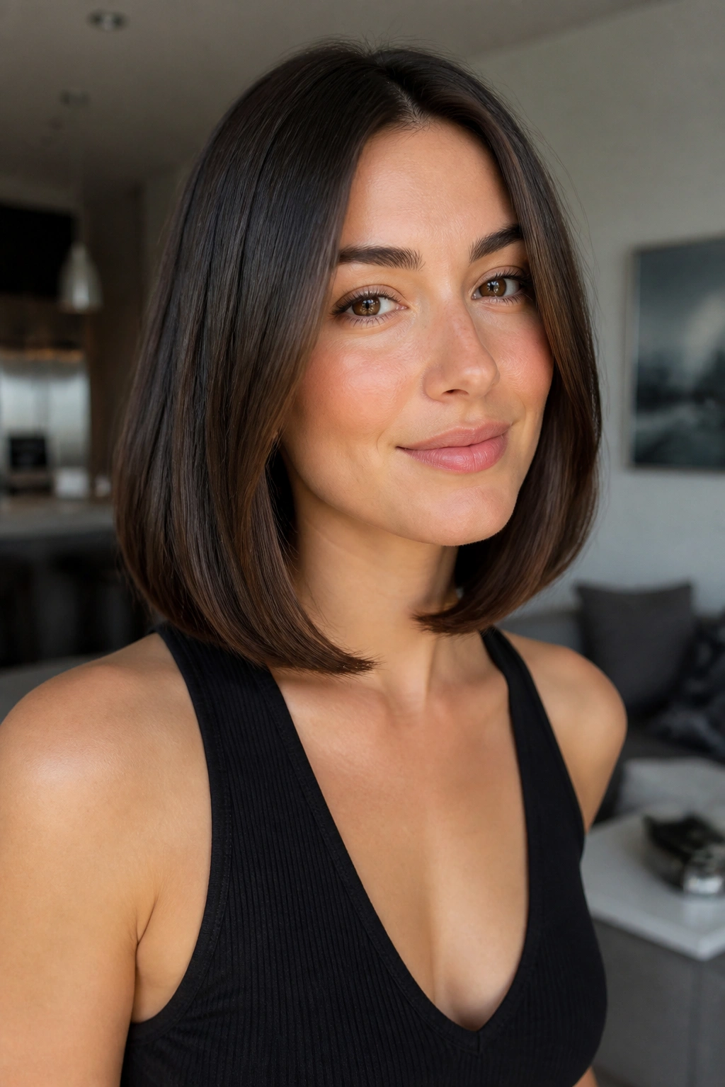 Close-up of a real woman with curved ends lob and inward-bending tips