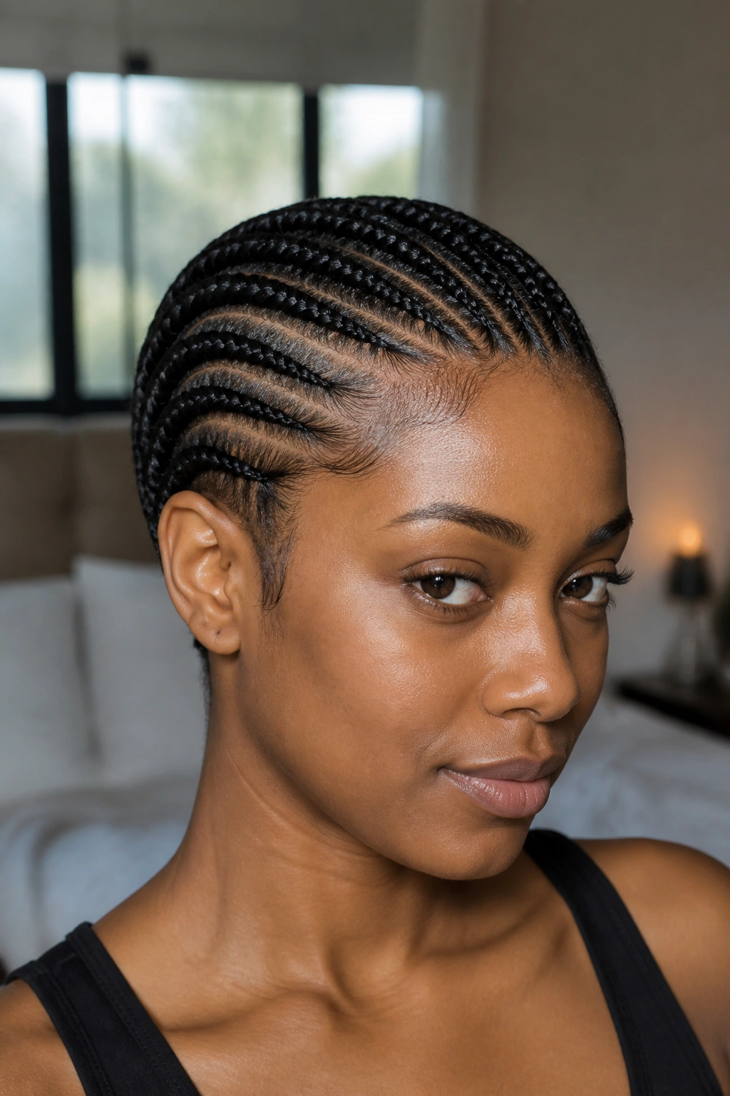 Close-up of real person with curved feed-in braids sweeping from hairline toward crown