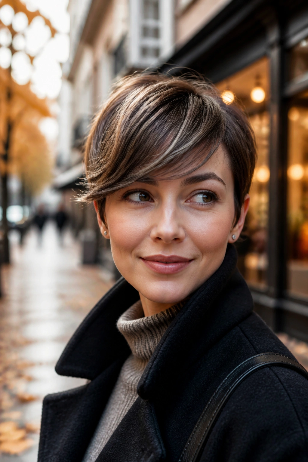 Portrait of a real woman with a curved fringe pixie hairstyle on a fall city street.