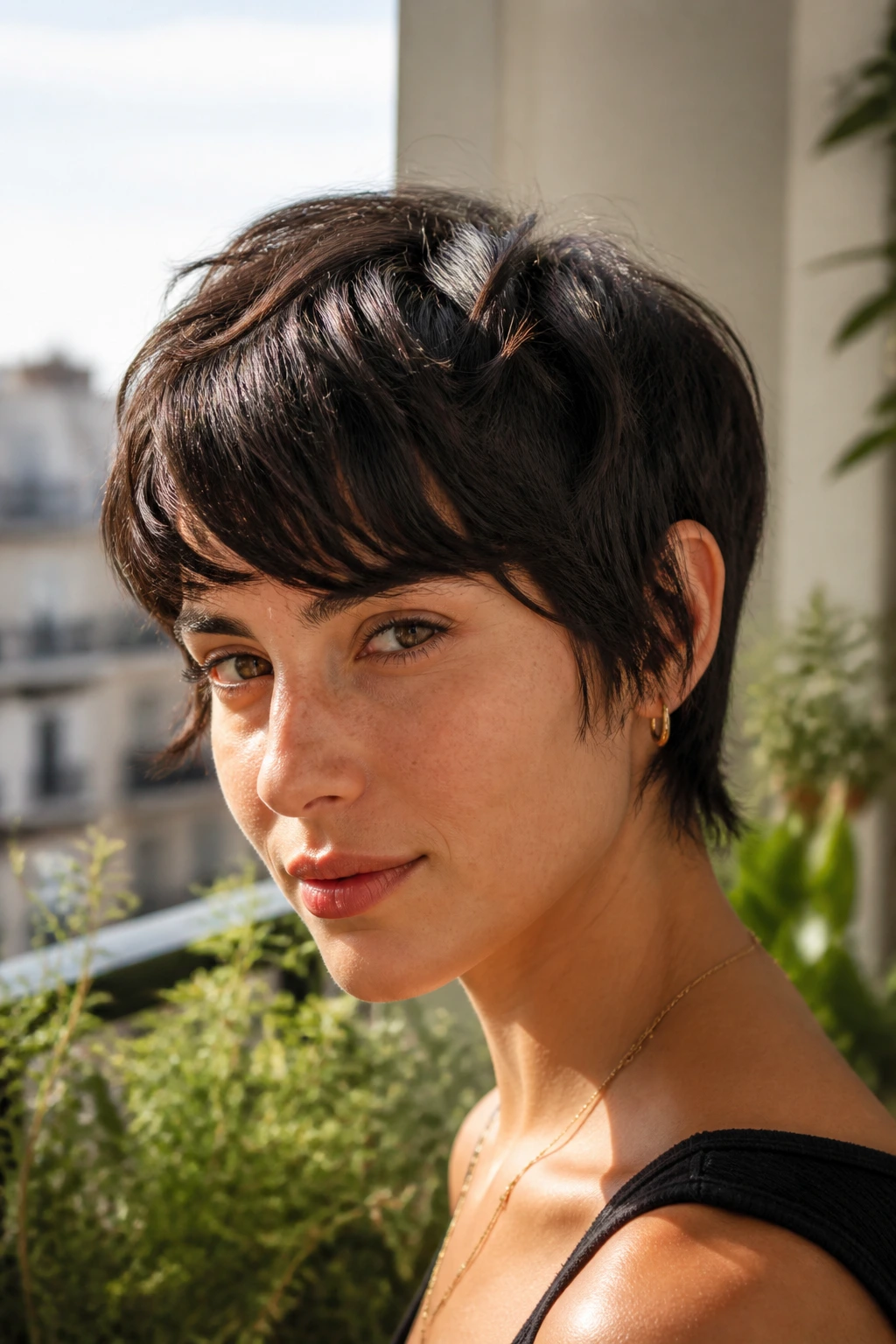 Real person with curved fringe pixie wolf haircut, arc across forehead