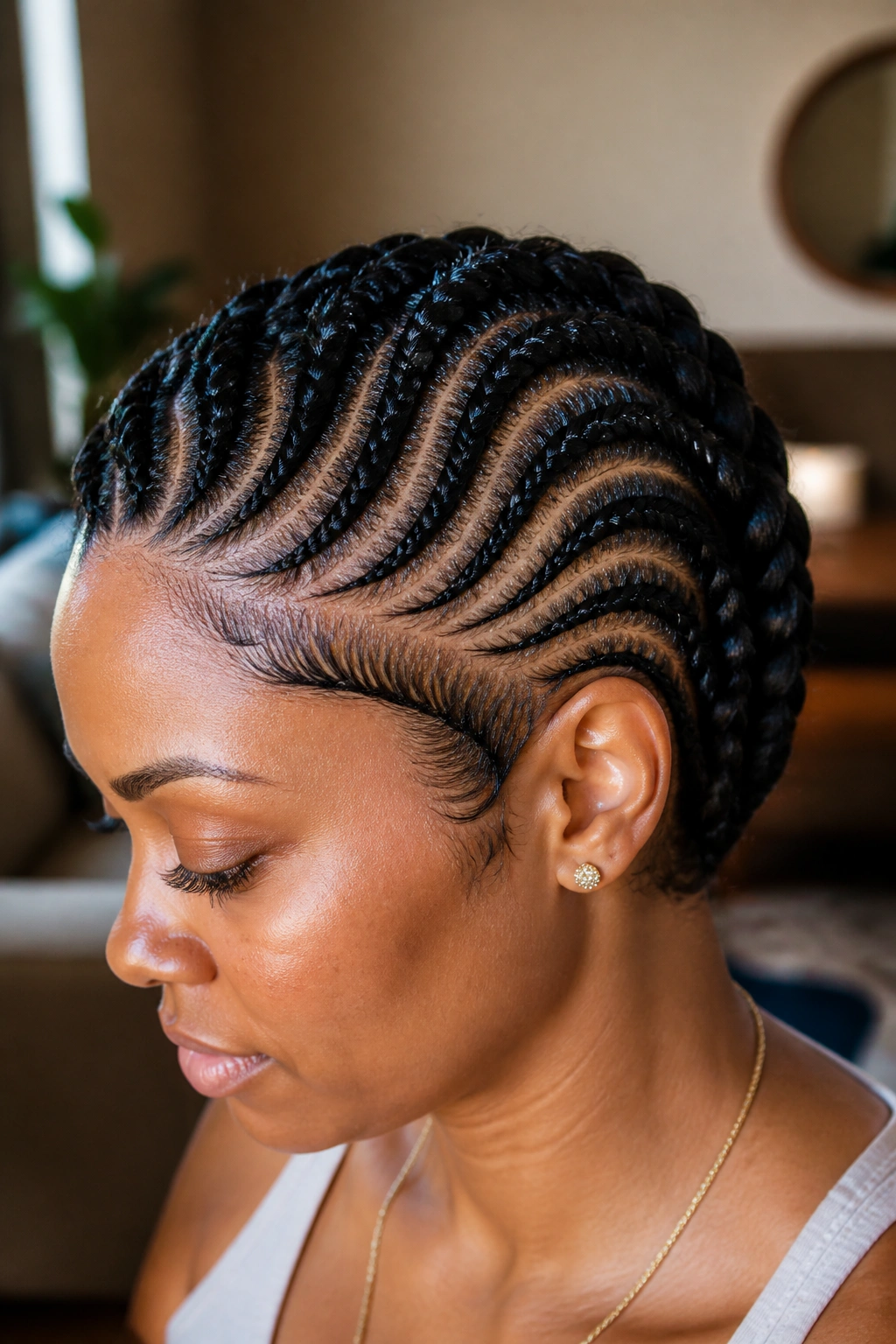 Close-up portrait of a real woman with curved goddess braids on thick short hair in natural light