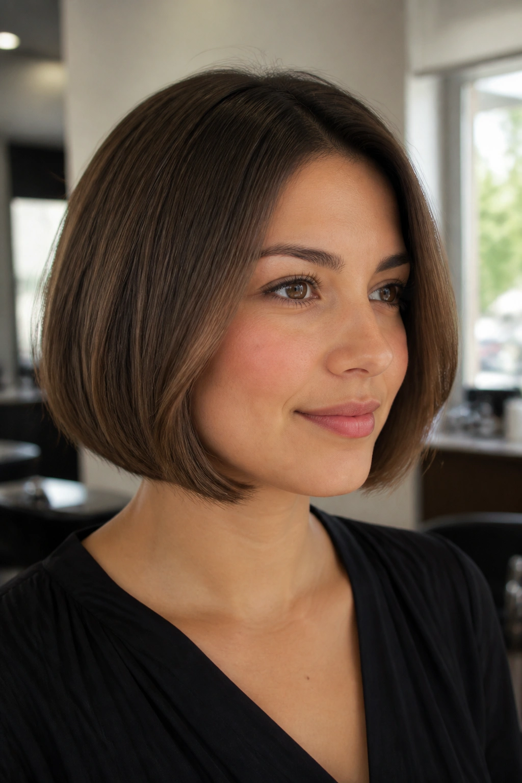 Close-up of a real woman with a curved-in chin-length bob framing the jaw