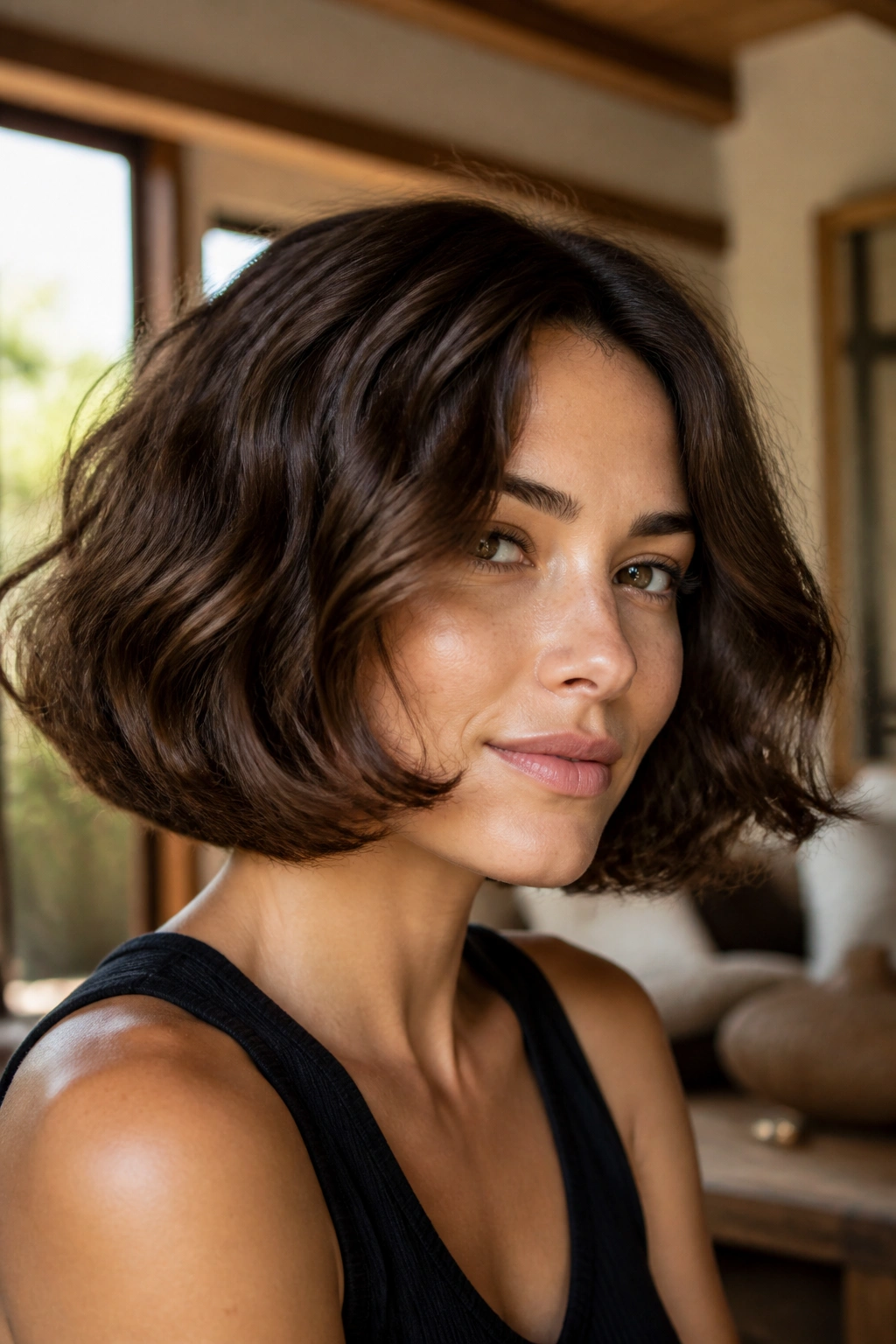 Close-up of a real woman with a Curved Italian Bob with Rounded Ends, wavy hair.