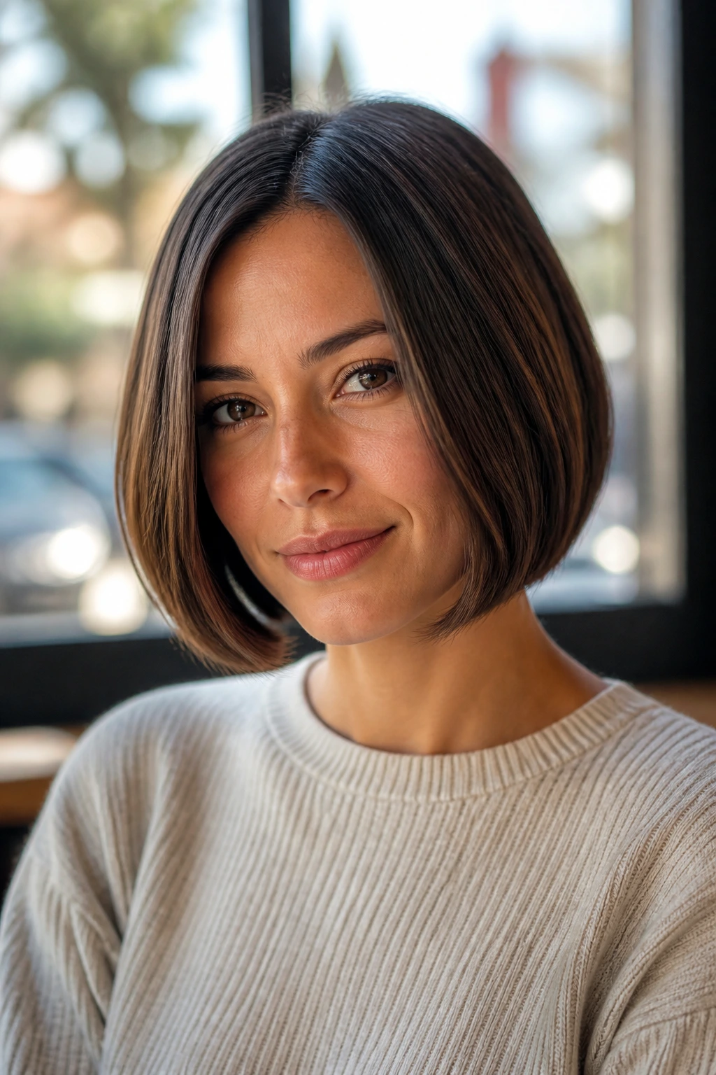 Close-up of a real woman with a curved-in jaw-length bob, inward-curving ends and center part, cafe lighting.