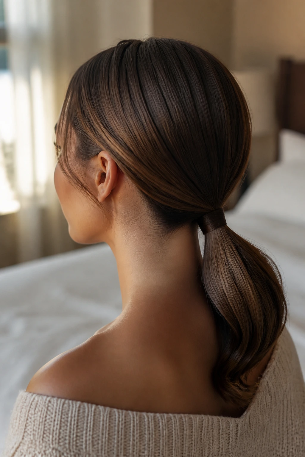 Close-up of a real woman with a curved nape low ponytail along the neck.