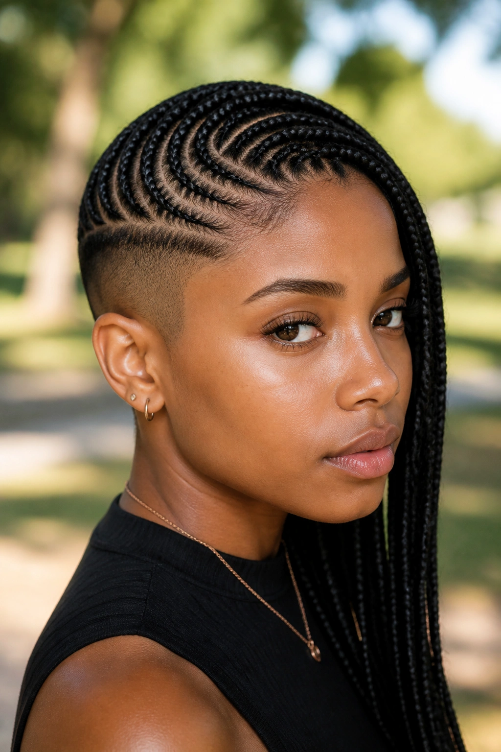 Curved-part box braids with shaved sides on a real person in an outdoor park setting