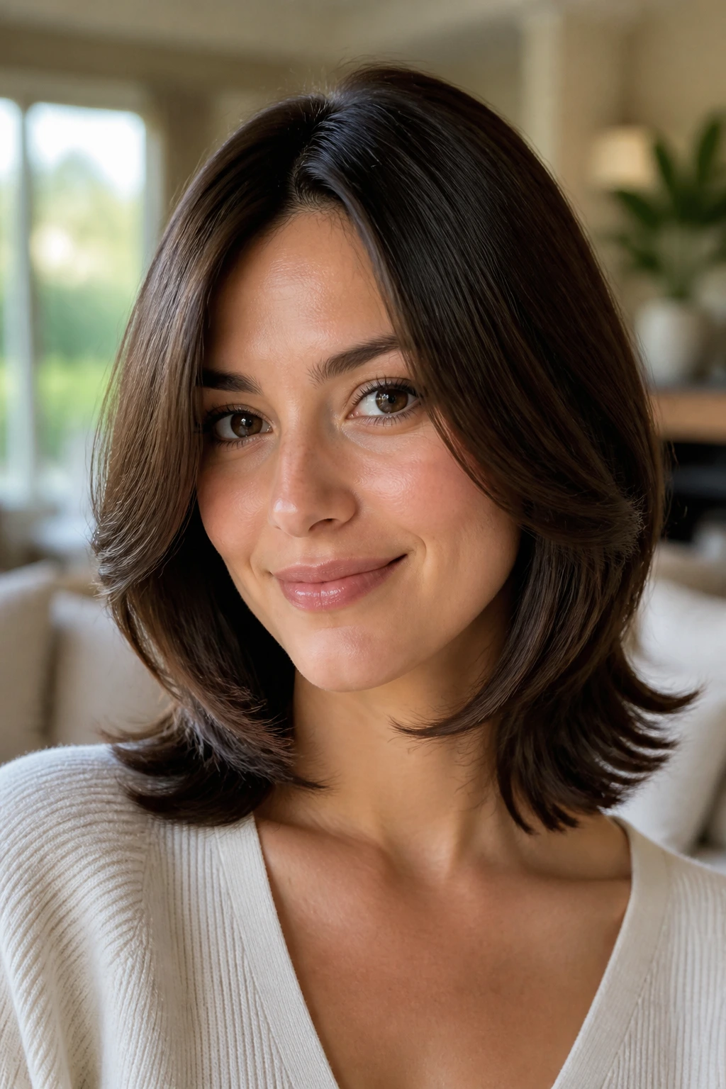 Close-up of a real woman with a curved shoulder-length flip hairstyle