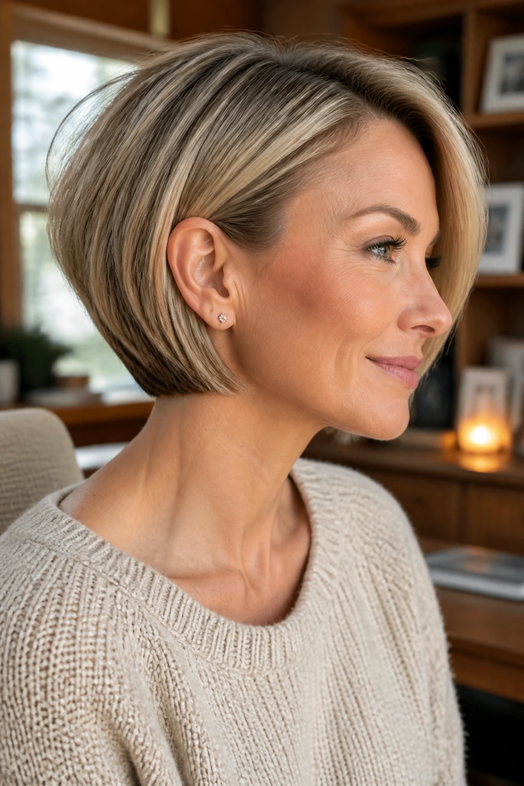 Portrait of a woman with a curved stacked bob and tucked ends