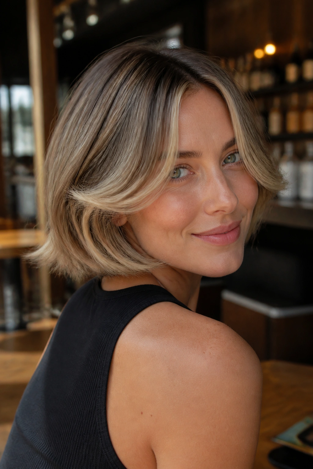 Portrait of a woman with curved-under bob and flipped-out curtain bangs