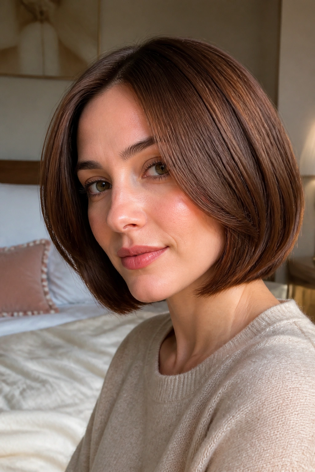 Close-up of curved-under chestnut bob on a real woman