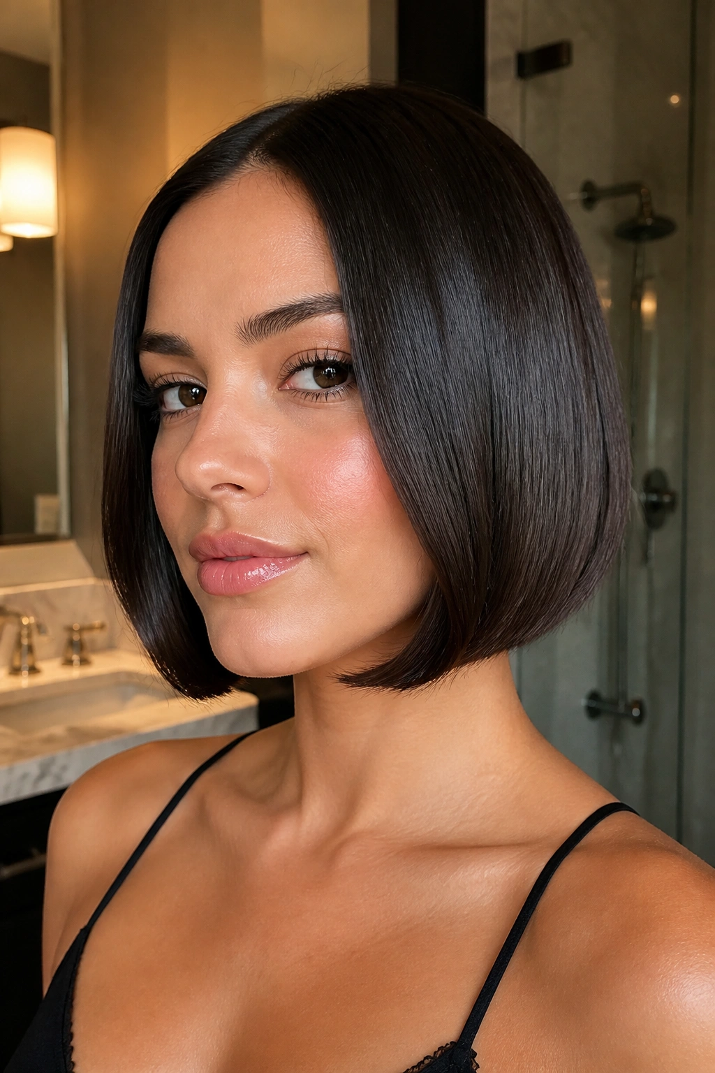 Close-up portrait showing curved-under ends along a bob-length haircut