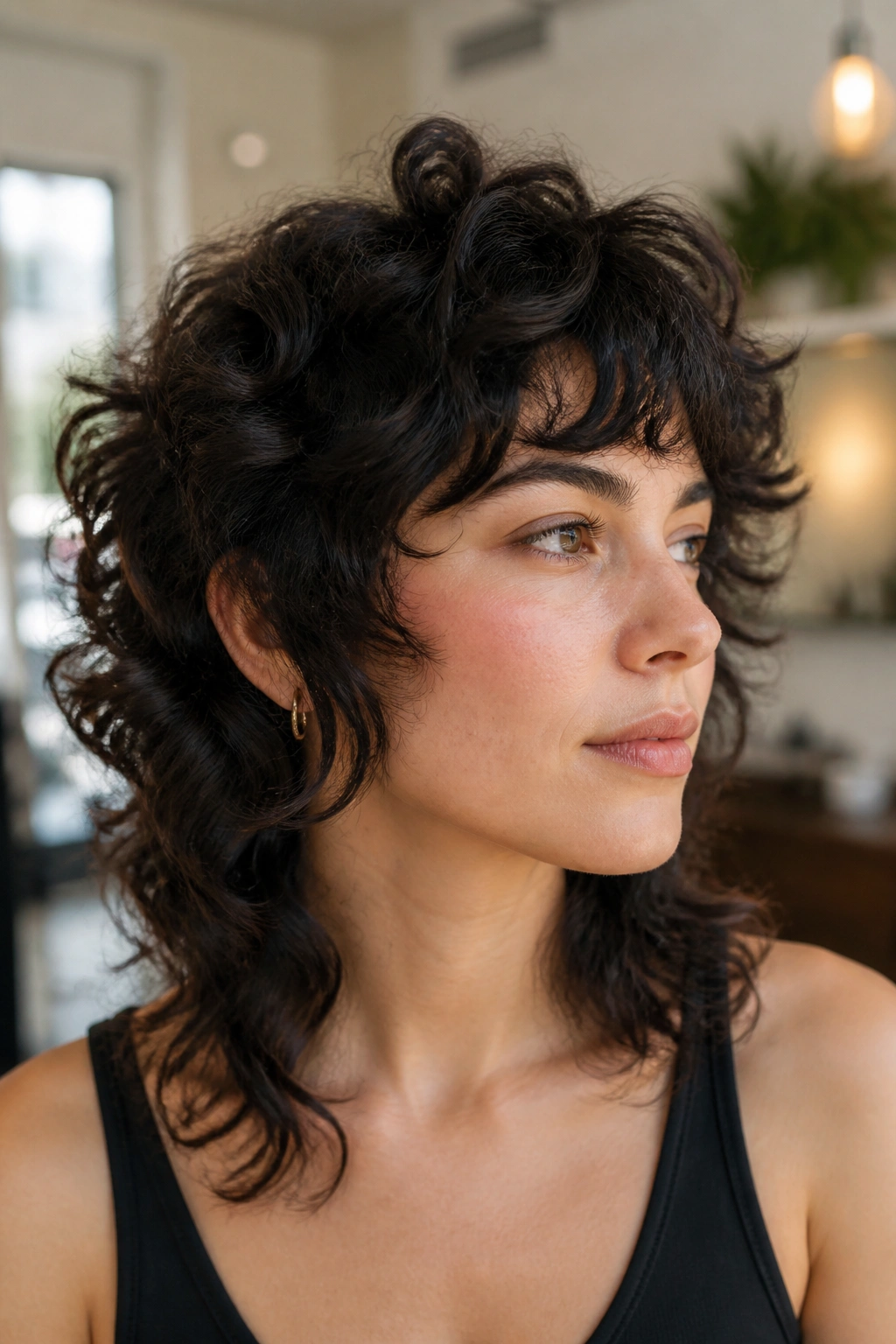Close-up of real person with a tailored curl wolf cut in a salon setting