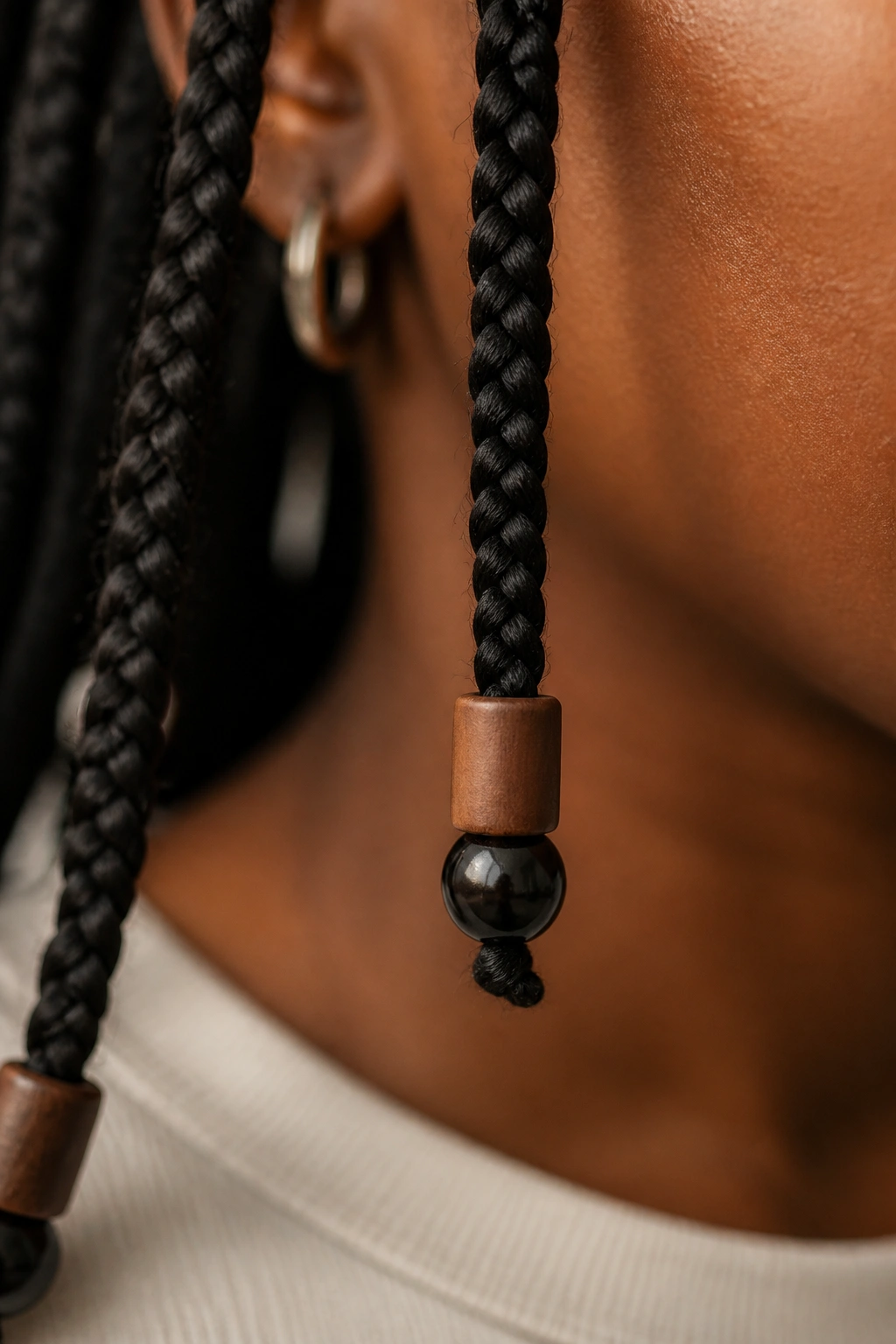 Close-up of a braid with a cylindrical bead above a round bead on a real person