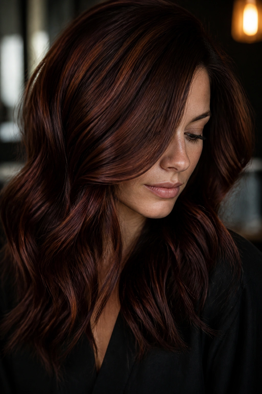 Close-up of dark auburn hair with espresso lowlights on a real person