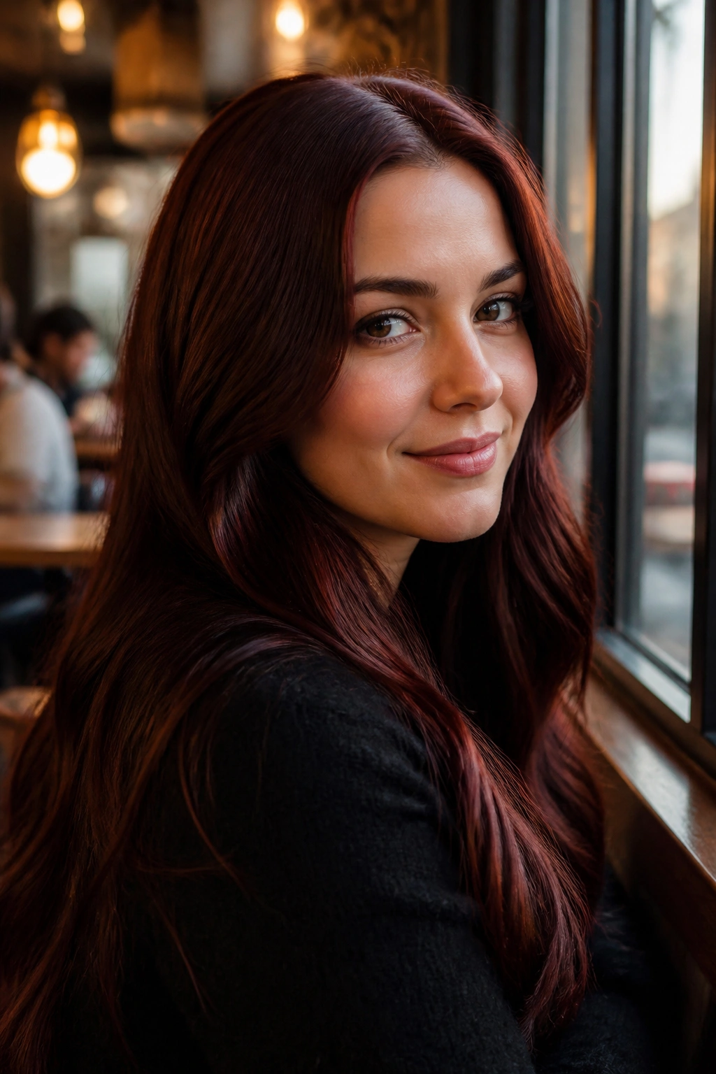 Close-up of a woman with dark auburn glossy hair and warm glow