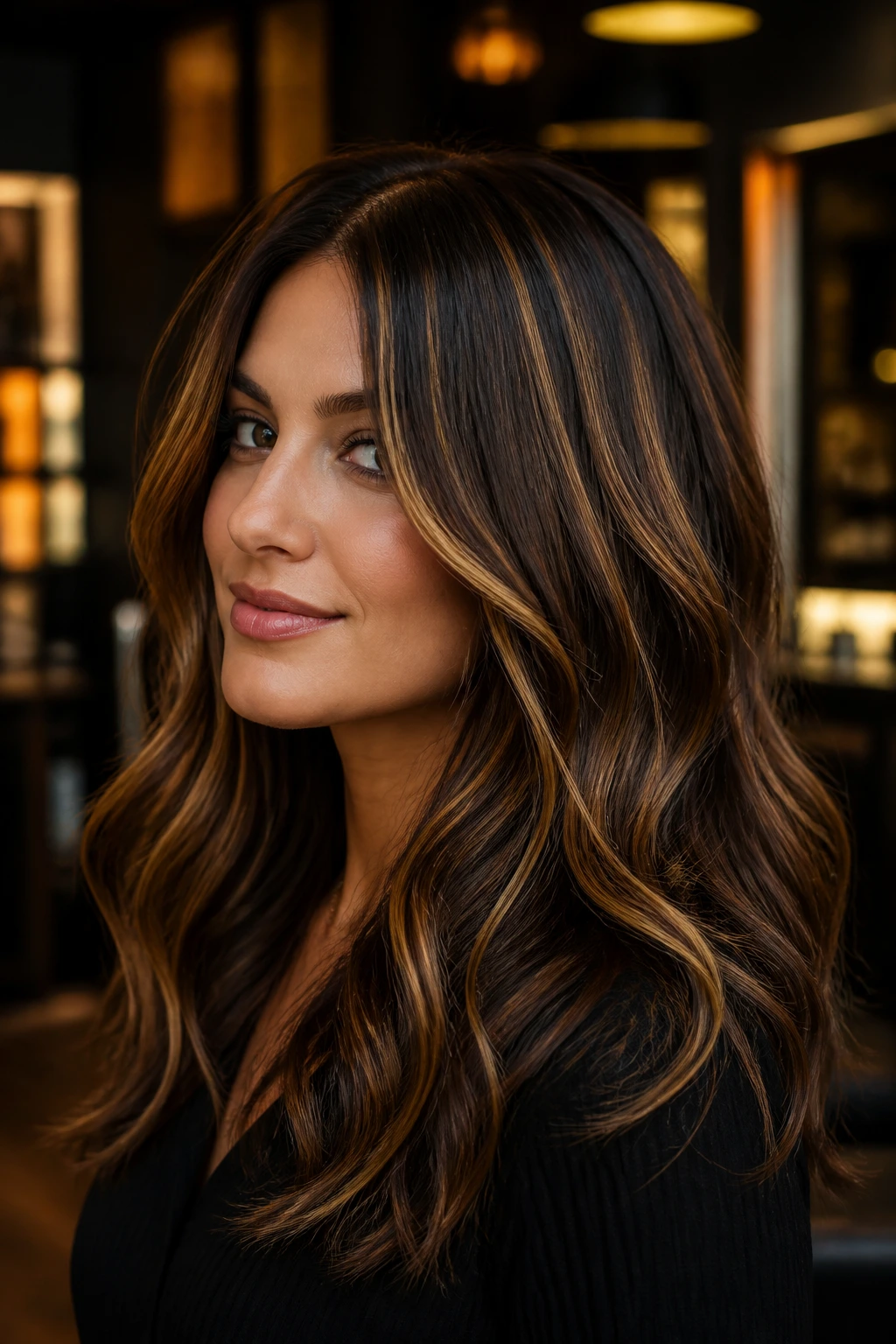 Close-up portrait of a brunette with golden streams highlights