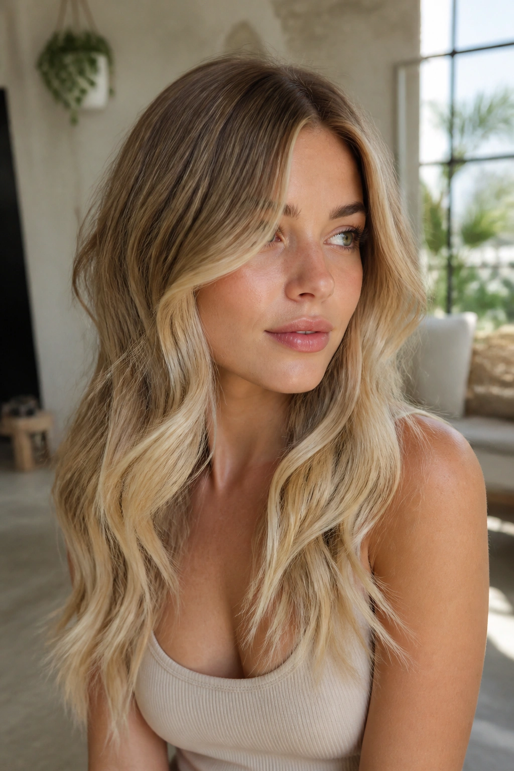 Real woman with dark blonde to champagne ends hair in natural light