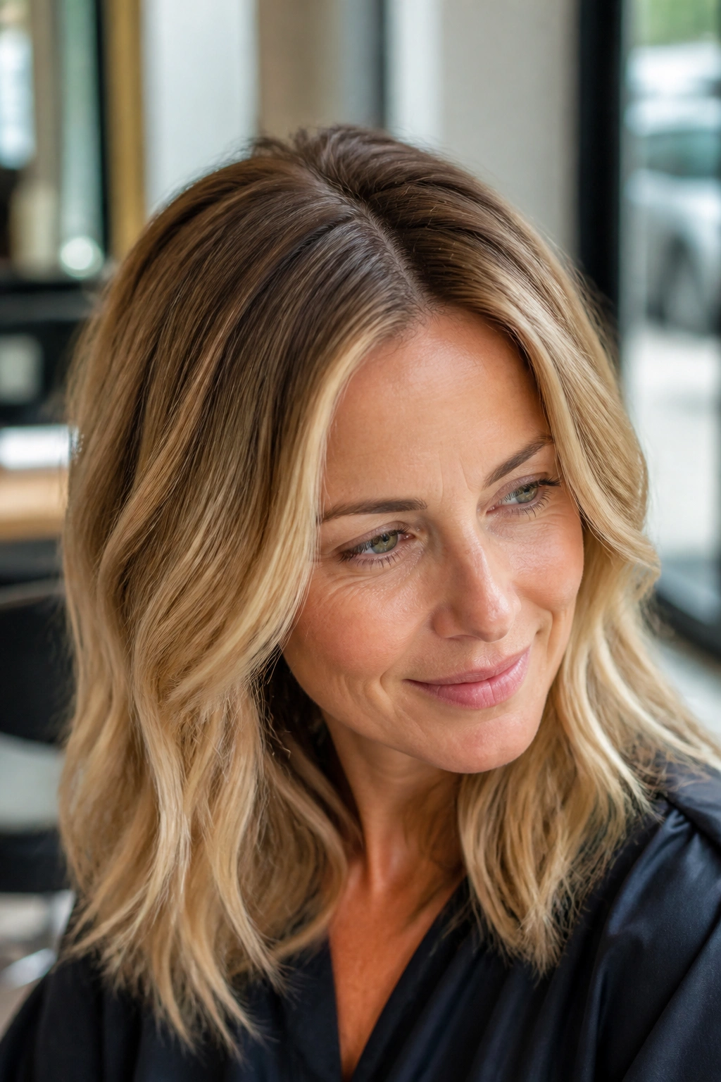 Close-up of dark blonde hair with a root smudge disguising grey roots on a real woman