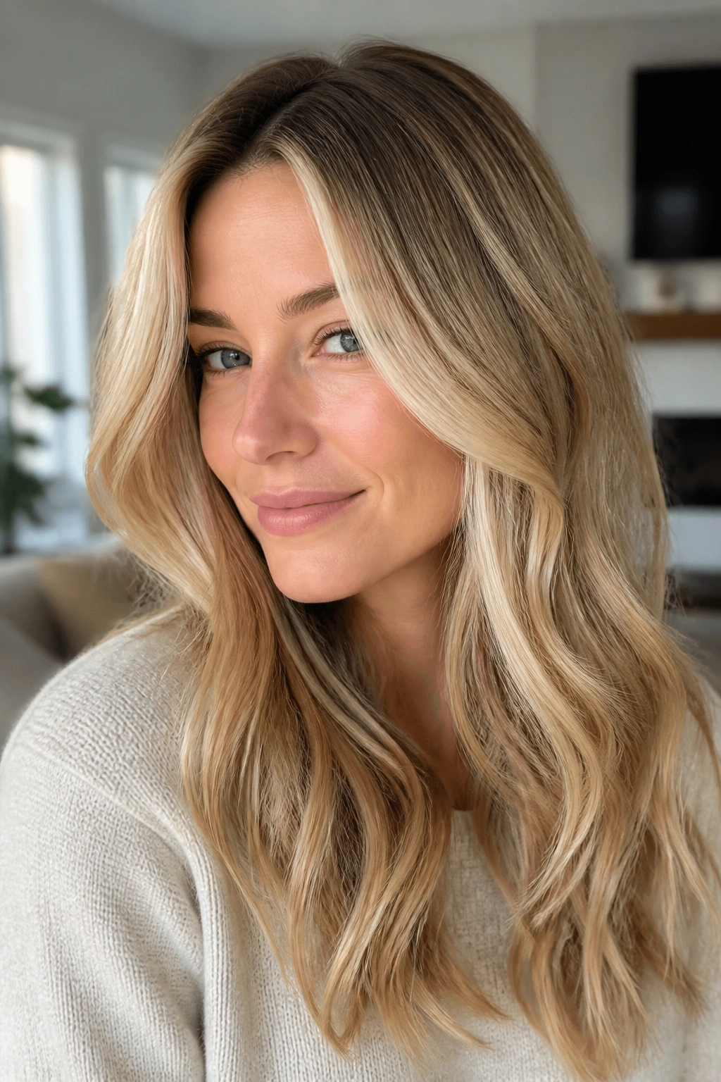 Real woman with dark blonde roots fading into lighter blonde, soft shadow at the roots