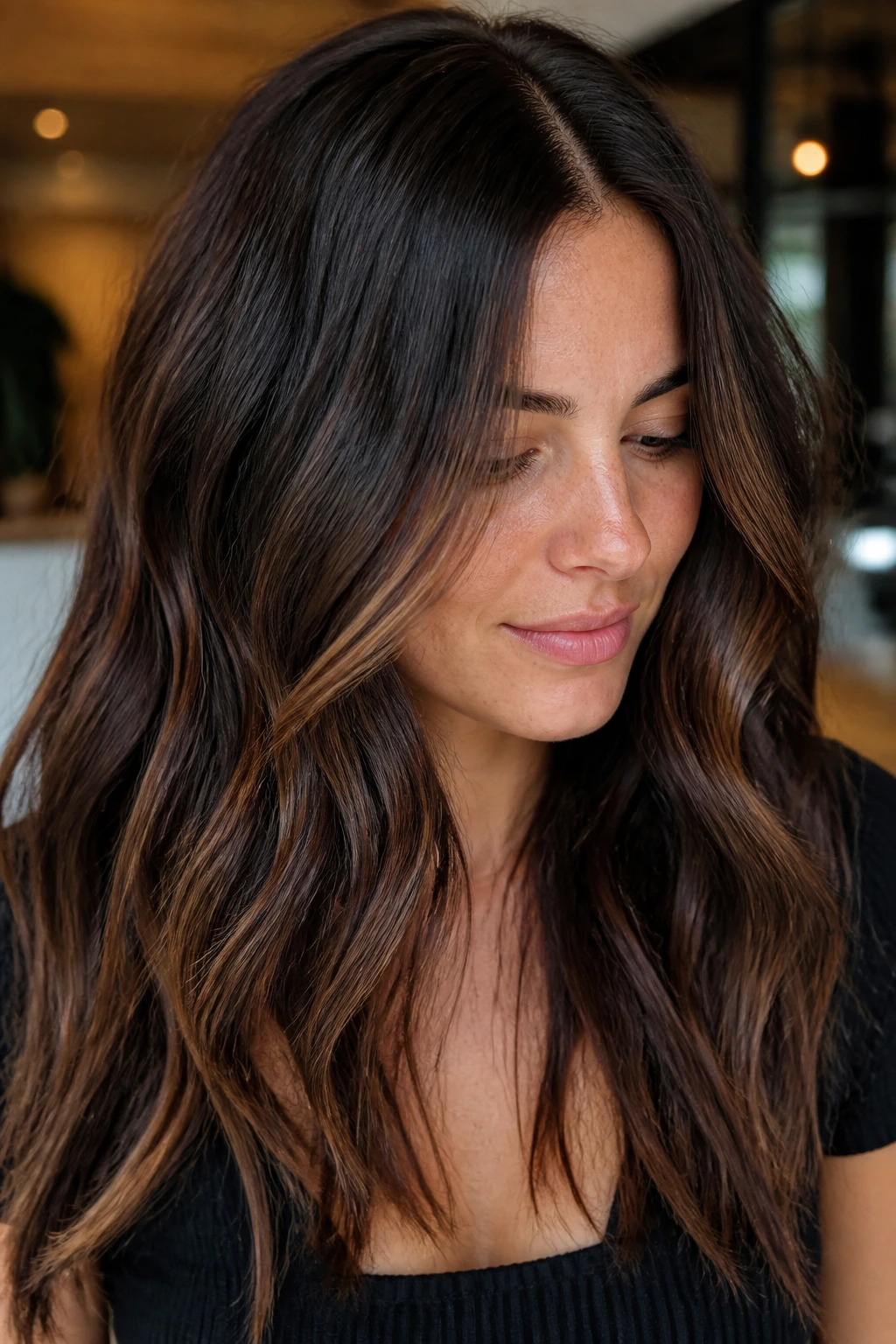 Close-up of a real person with dark brown hair and brunette balayage highlights