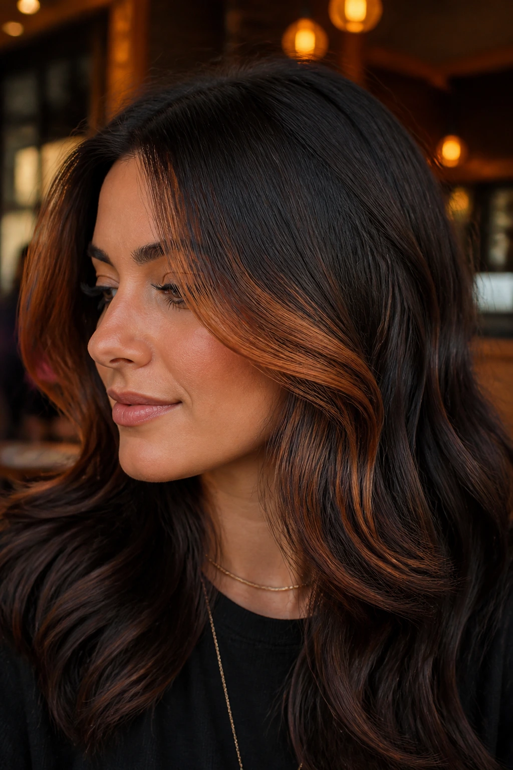 Close-up of dark brunette hair with copper face frame on a real person