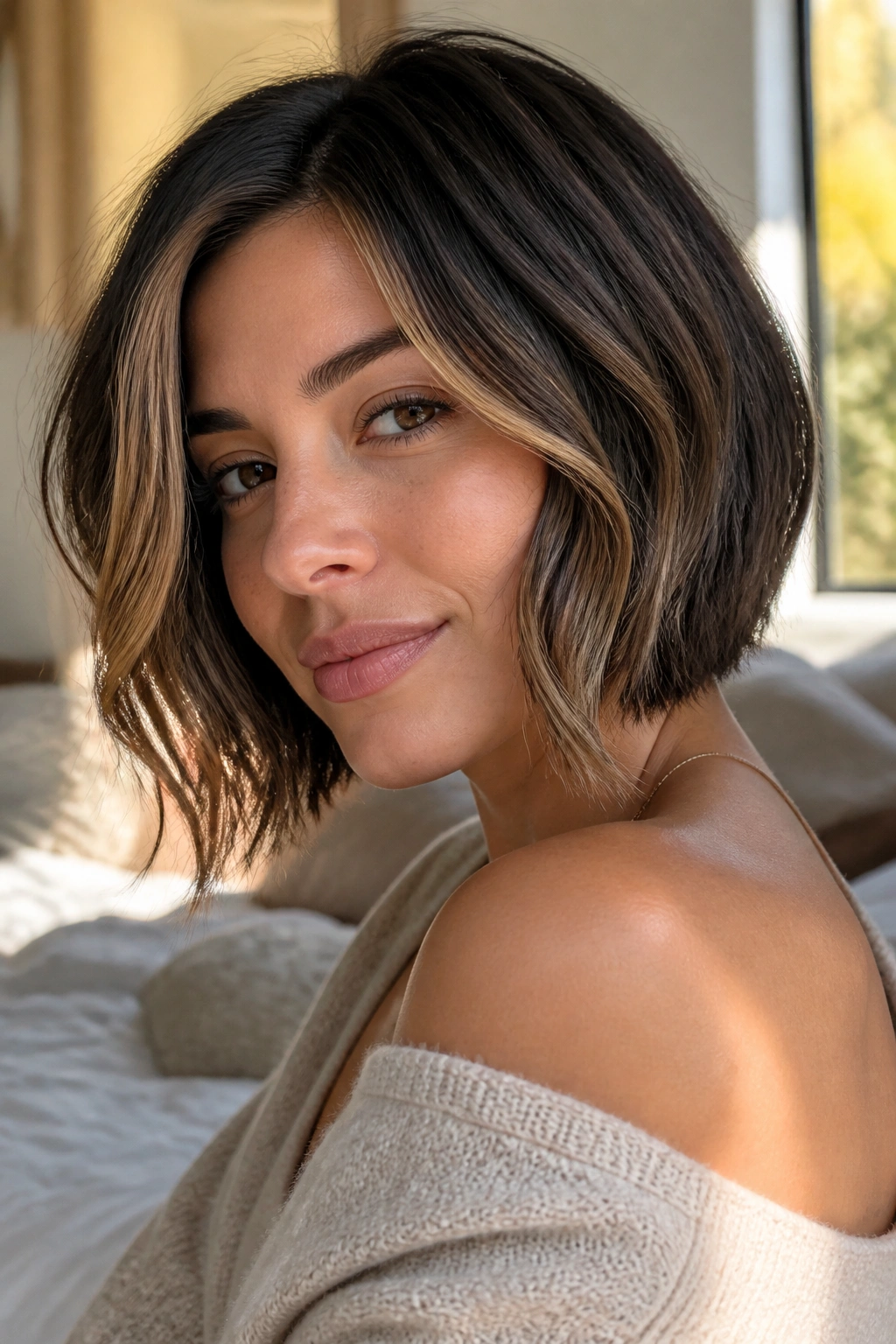 Close-up portrait of a woman with dark brunette hair and honey face-framing pieces