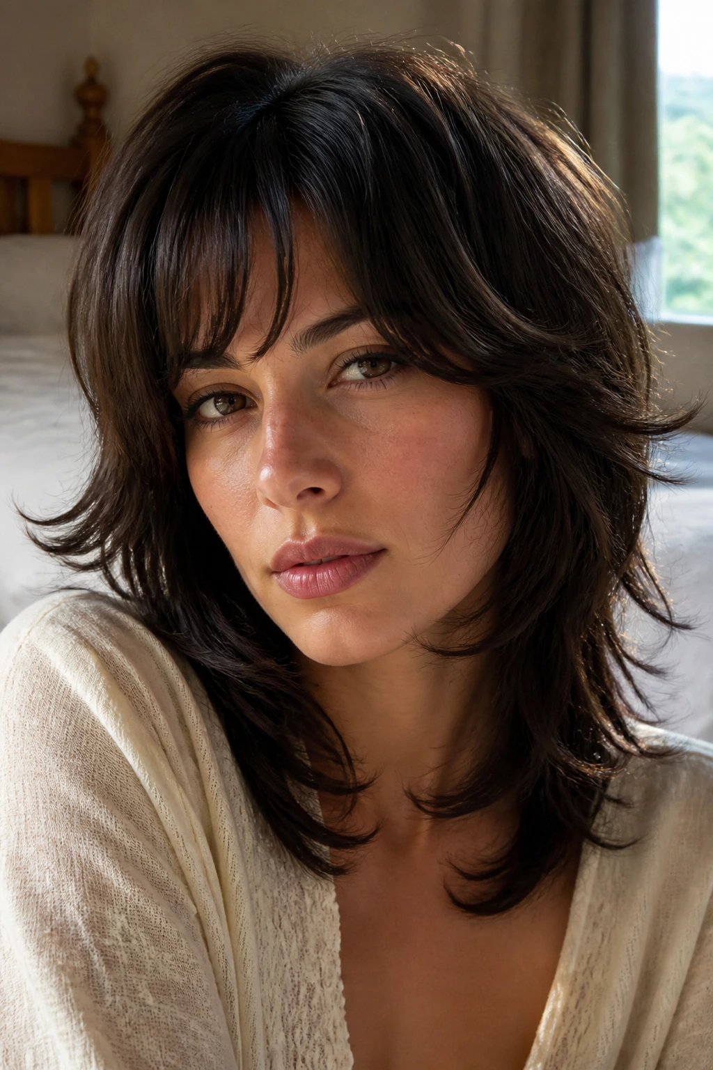Close-up of a real woman with a dark brunette shag and subtle movement in warm window light