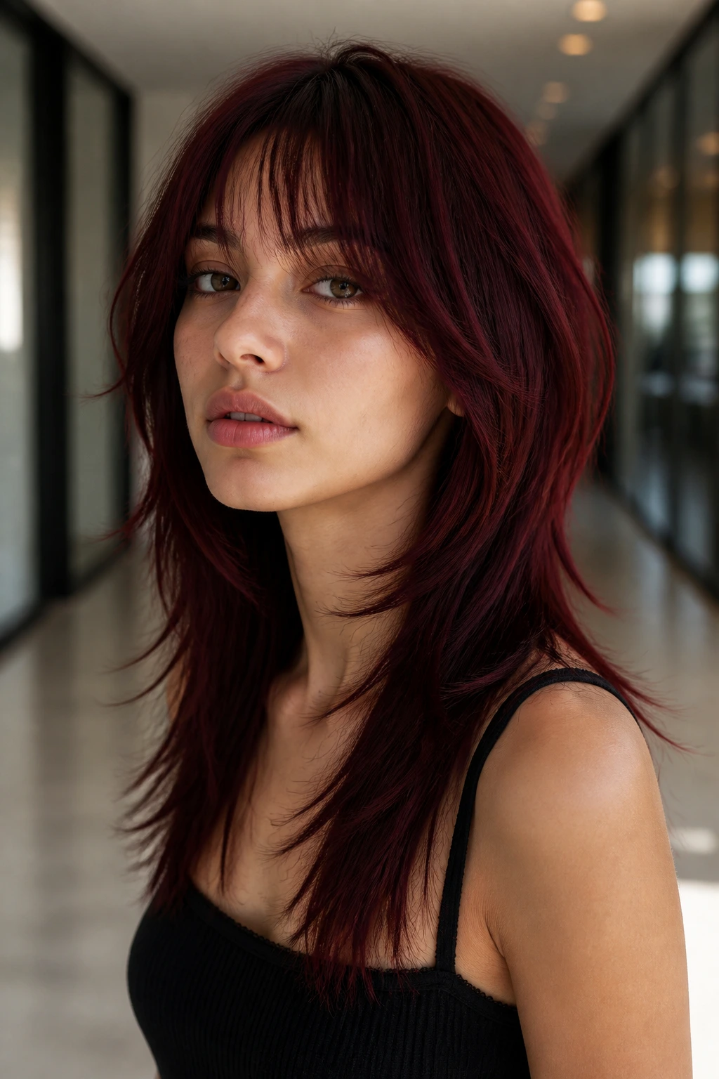 Close-up portrait of a real person with Dark Cherry Wolf Cut on Straight Hair, sleek straight hair in dark cherry color