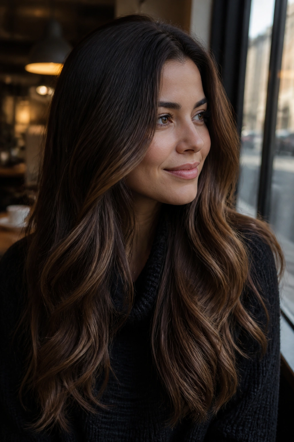 Close-up of a real woman with dark chocolate balayage highlighting mid-lengths and ends