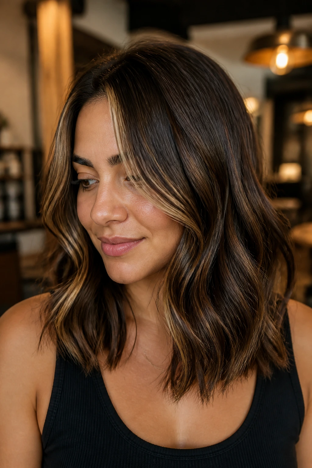 Close-up of a woman with dark chocolate balayage and money pieces