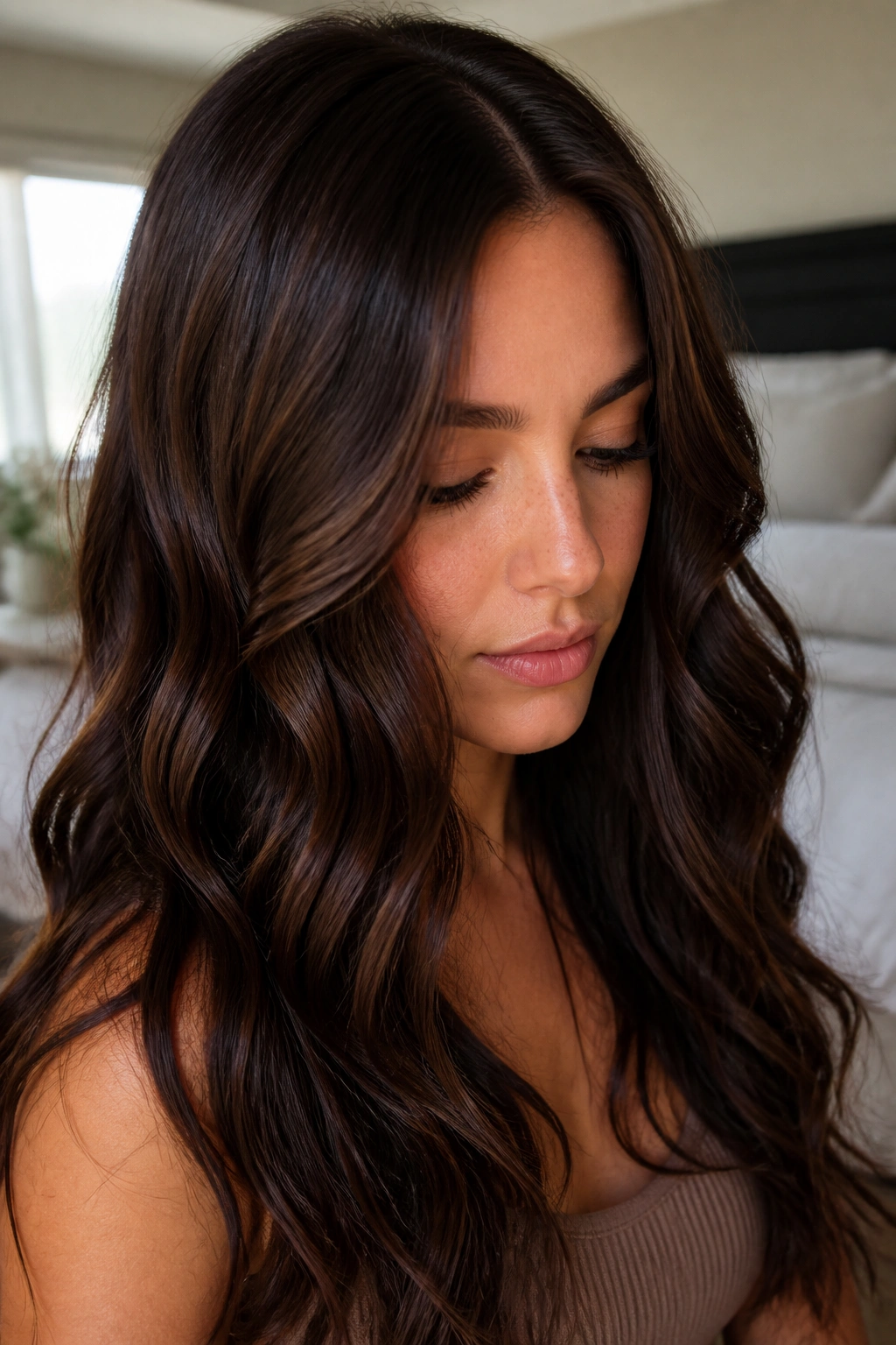 Close-up of dark chocolate brown hair with whisper babylights on a real person.