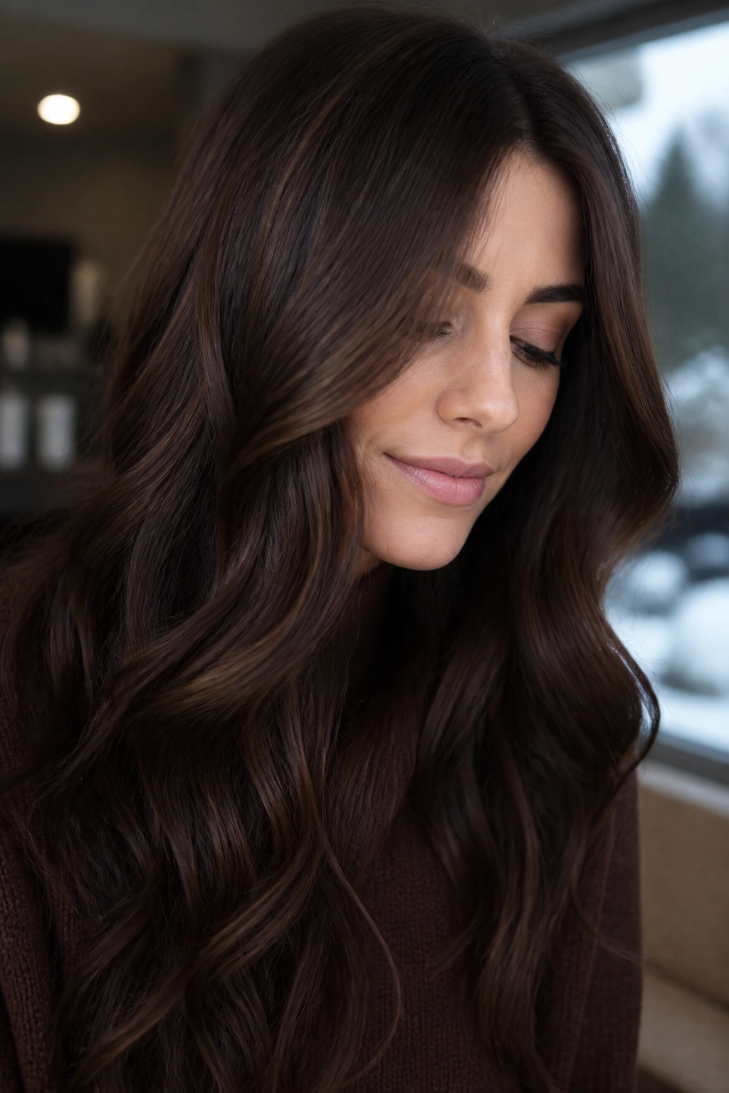 Close-up of dark chocolate brown hair with subtle dimension