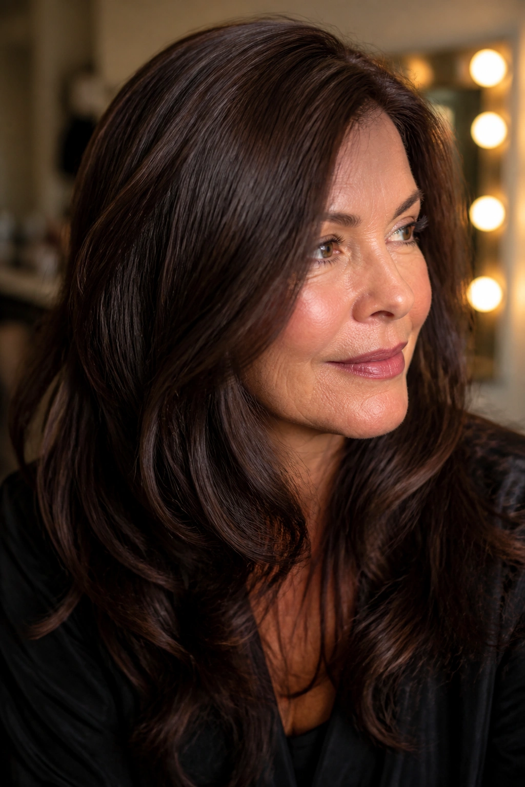 Portrait of a woman with dark chocolate brown hair and hidden lowlights