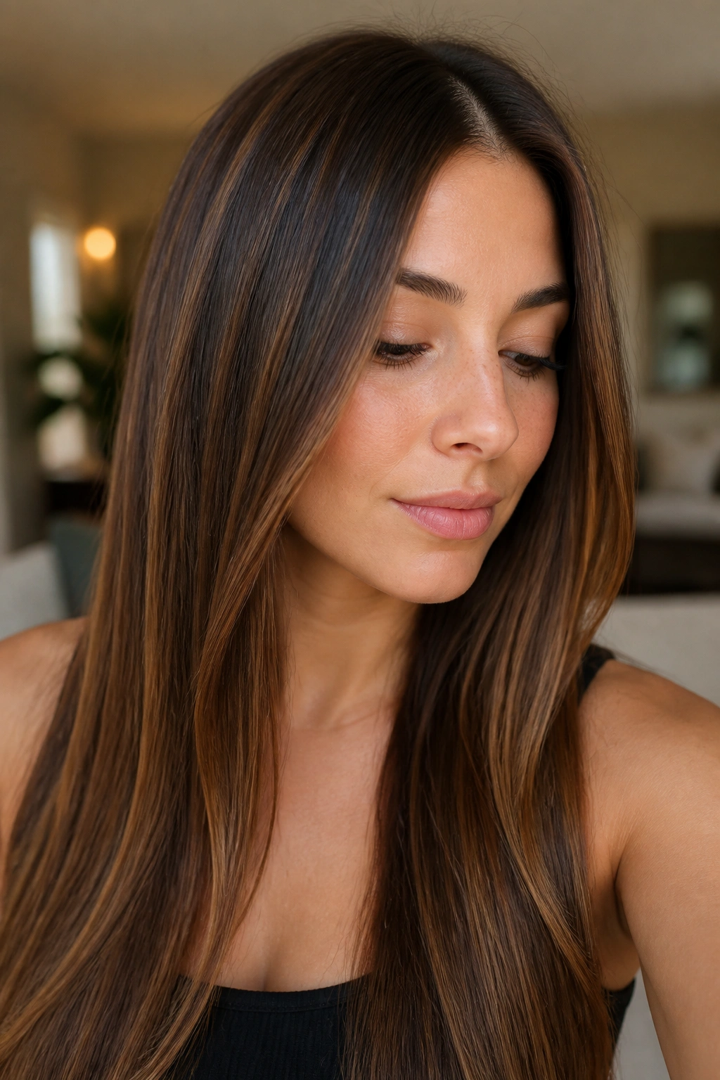 Close-up of a real person with dark chocolate to caramel ribbon melt.