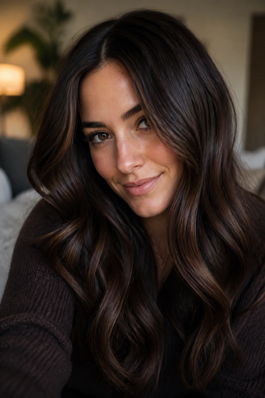 Close-up portrait of a real woman with dark chocolate hair and lived-in lights.