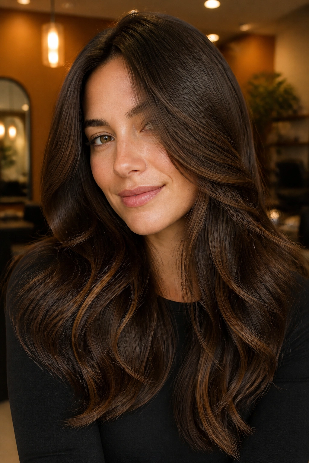 Close-up of a real woman's dark cocoa hair with cinnamon lowlights in a warm salon.