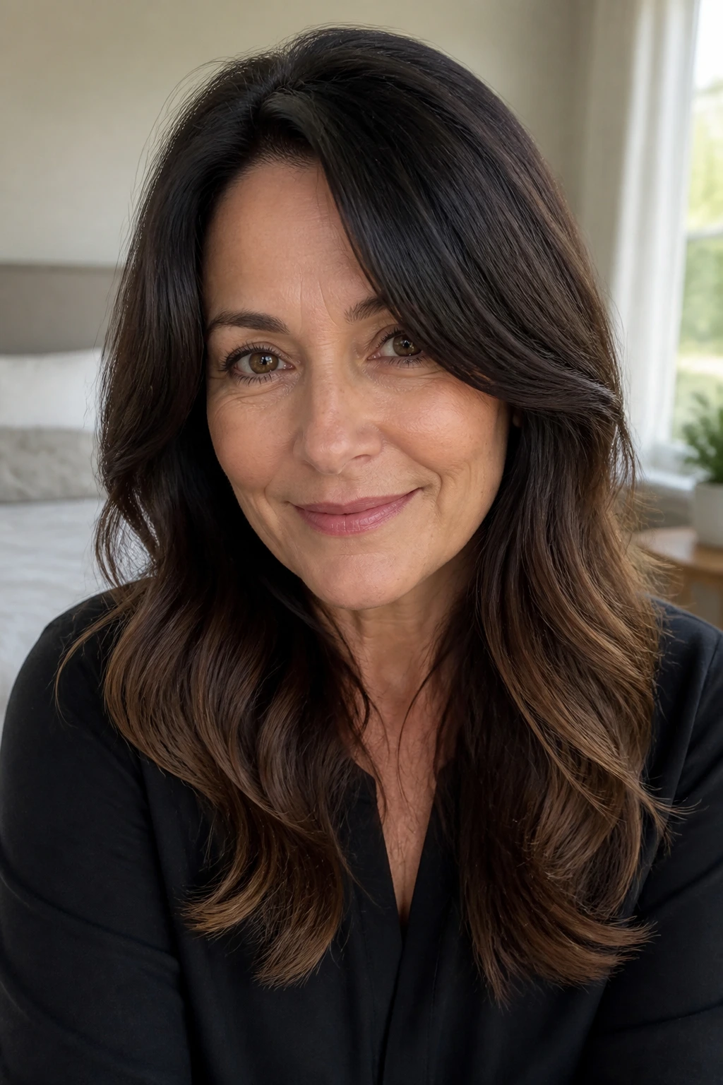 Close-up portrait of a real woman with dark coffee brown hair and soft ombré ends
