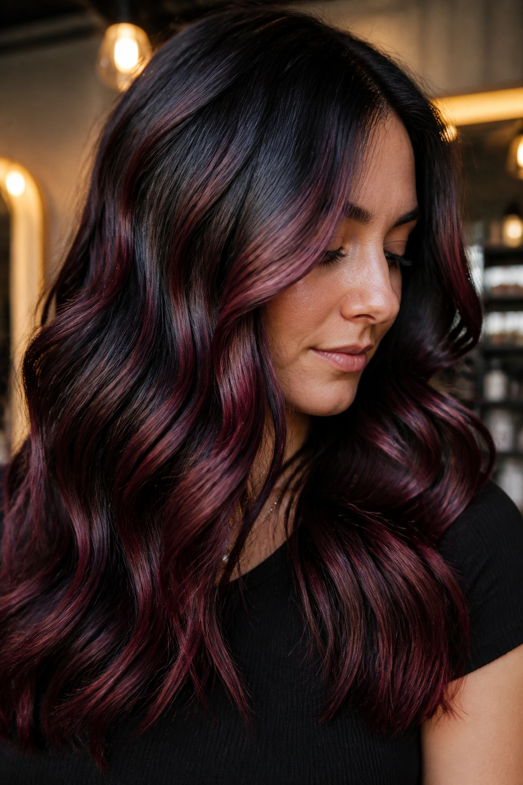 Close-up portrait of a real woman with black cherry melt hair and wine ribbon highlights in warm salon lighting