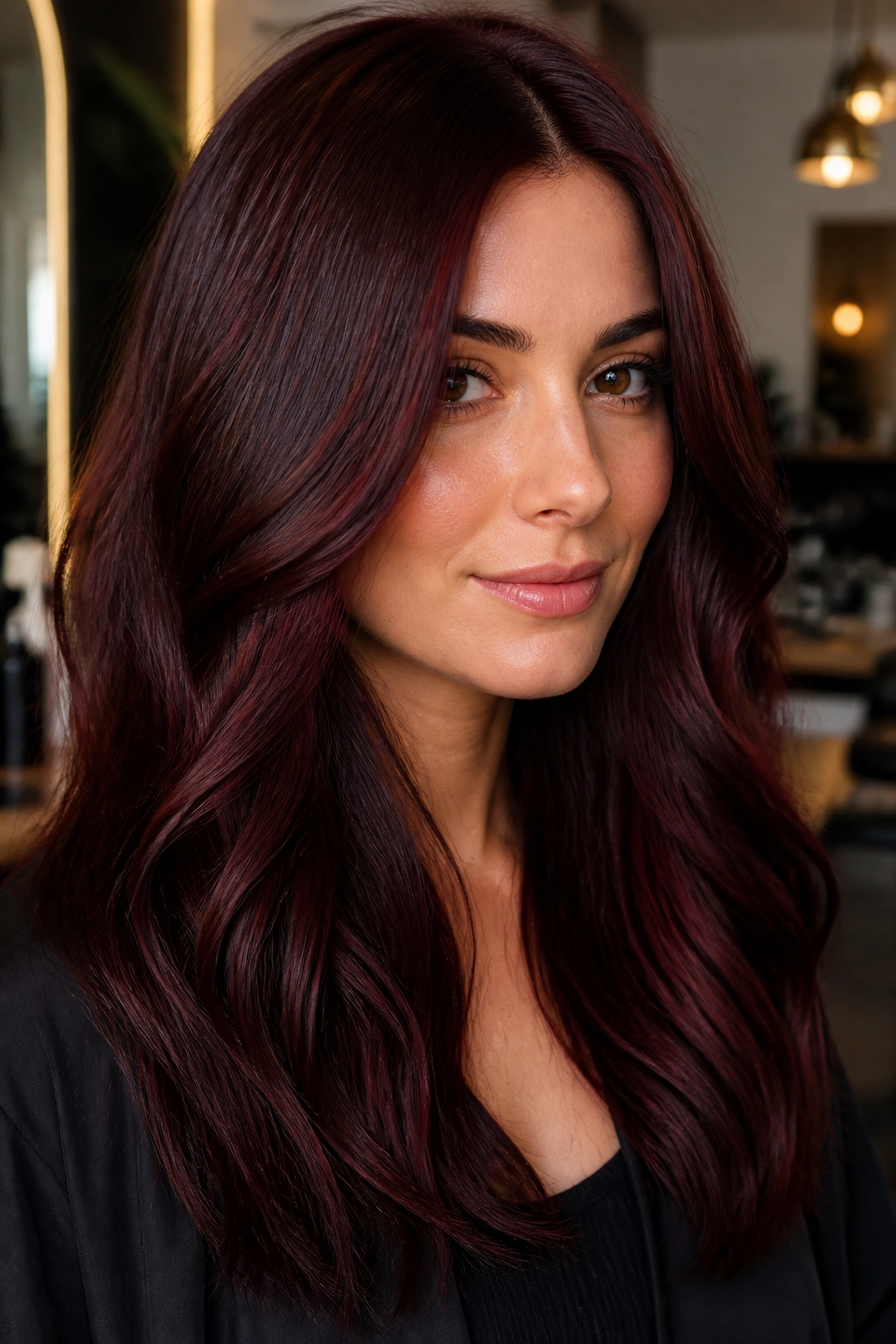 Close-up portrait of a woman showing dark mahogany brunette hair with red-brown undertones.