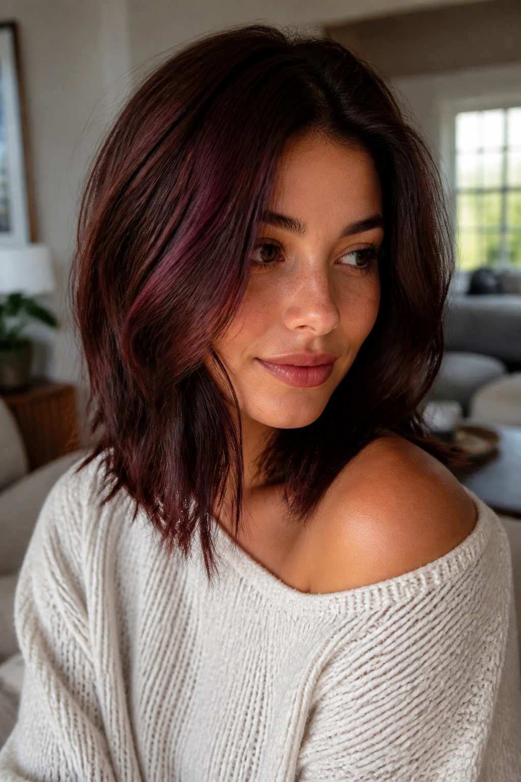 Close-up of a real woman with dark roast brown hair and burgundy undertones catching light