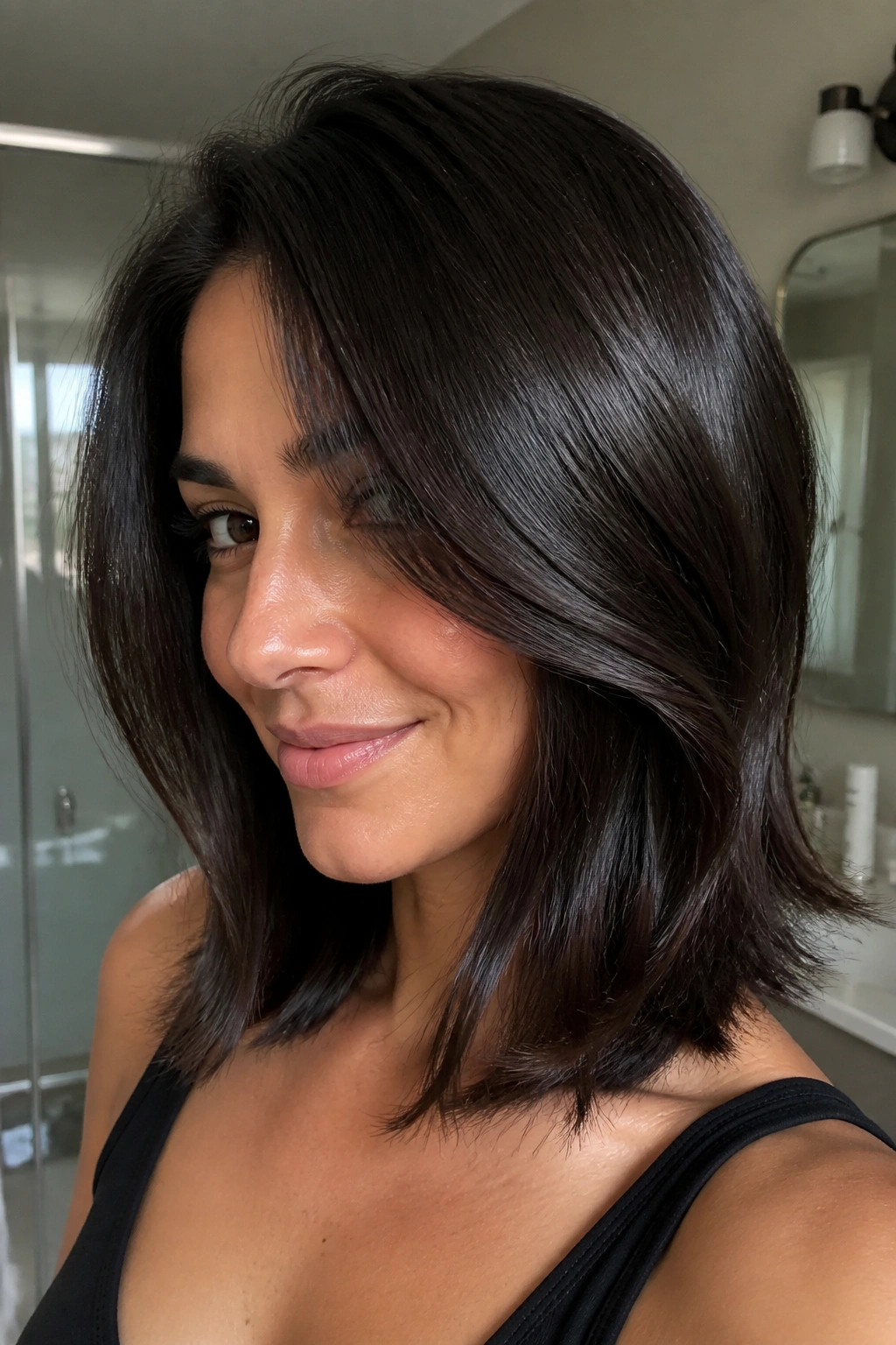 Close-up of dark roast brunette with high-shine gloss on a real person.