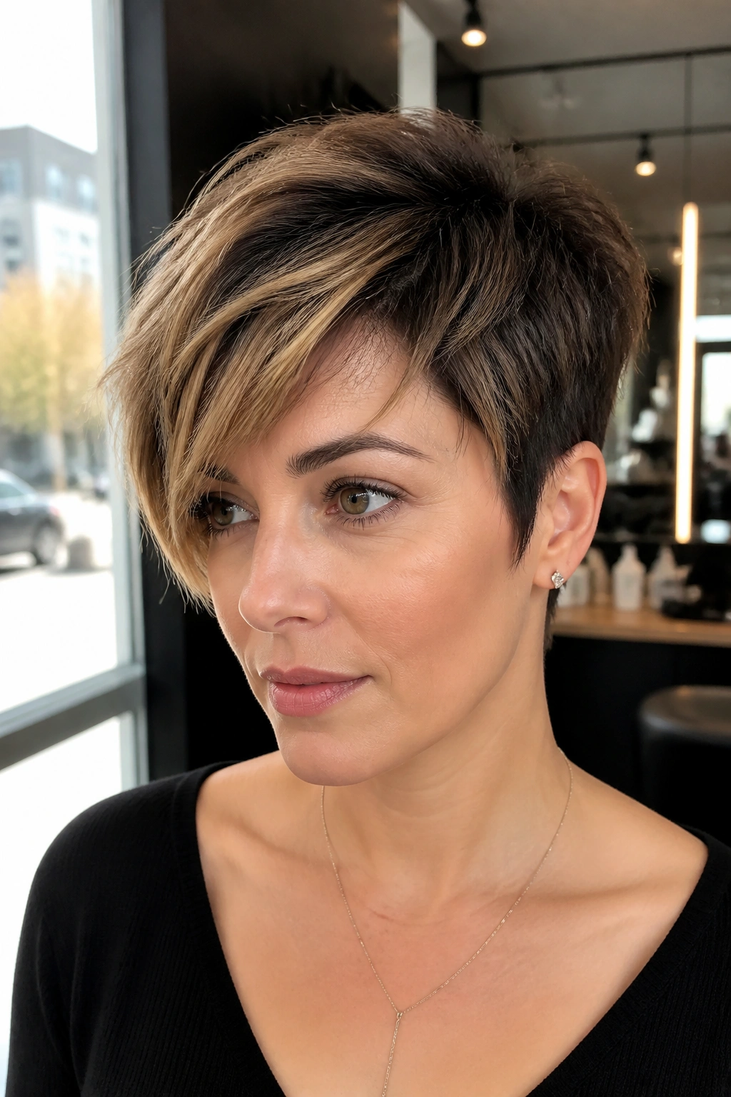 Close-up portrait of a real woman with dark-root balayage long pixie showing depth and movement