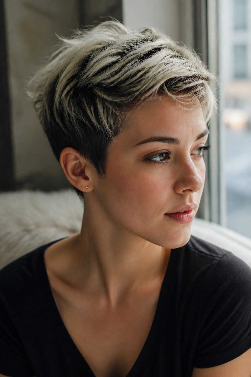 Close-up of a person with a pixie haircut showing dark roots and a lighter crown.
