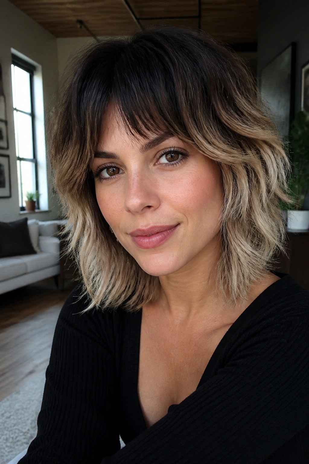 Portrait of a real woman with dark-root wolf cut featuring deep roots and lighter ends