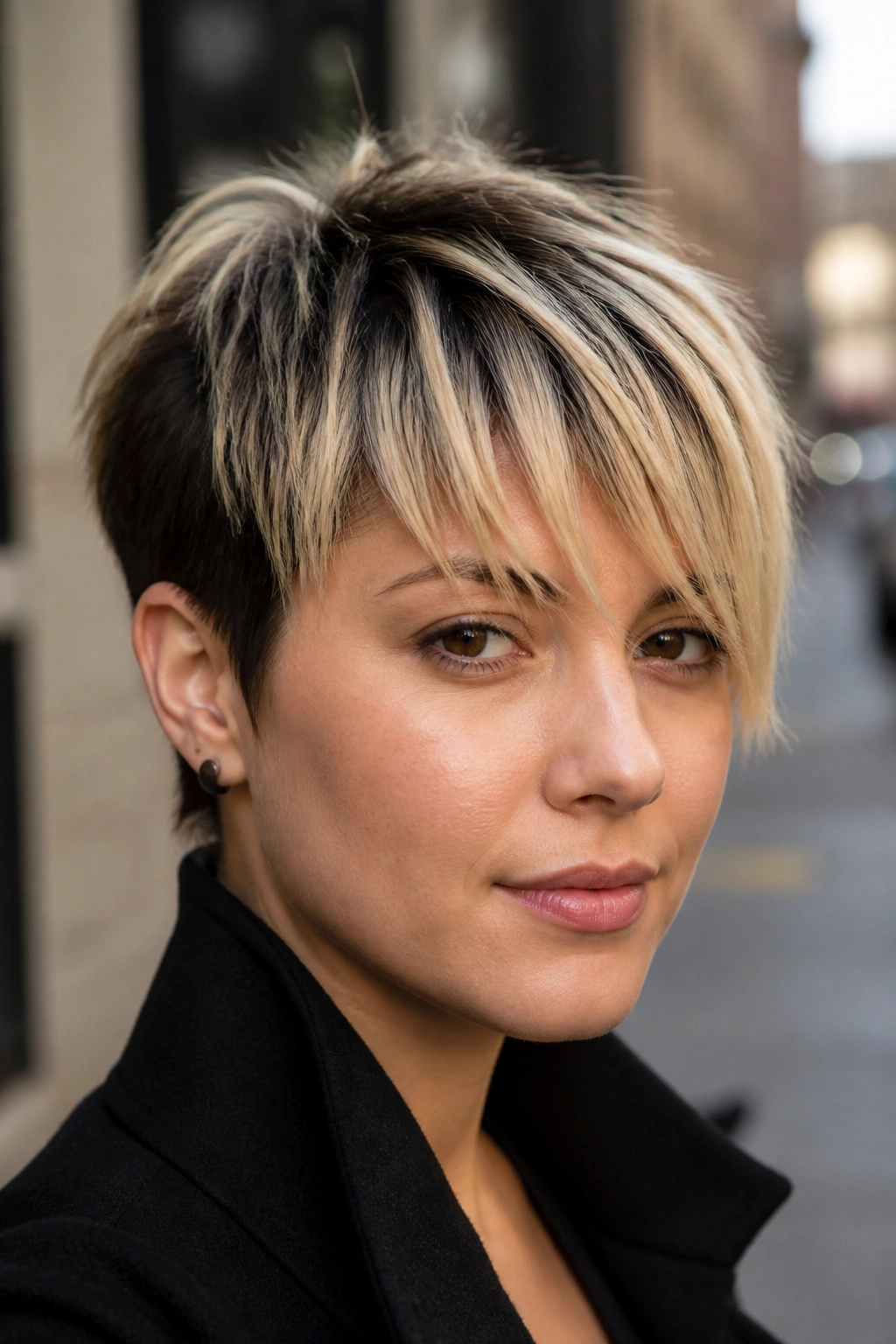 Close-up portrait of a real woman with dark-rooted pixie and chunky bangs.