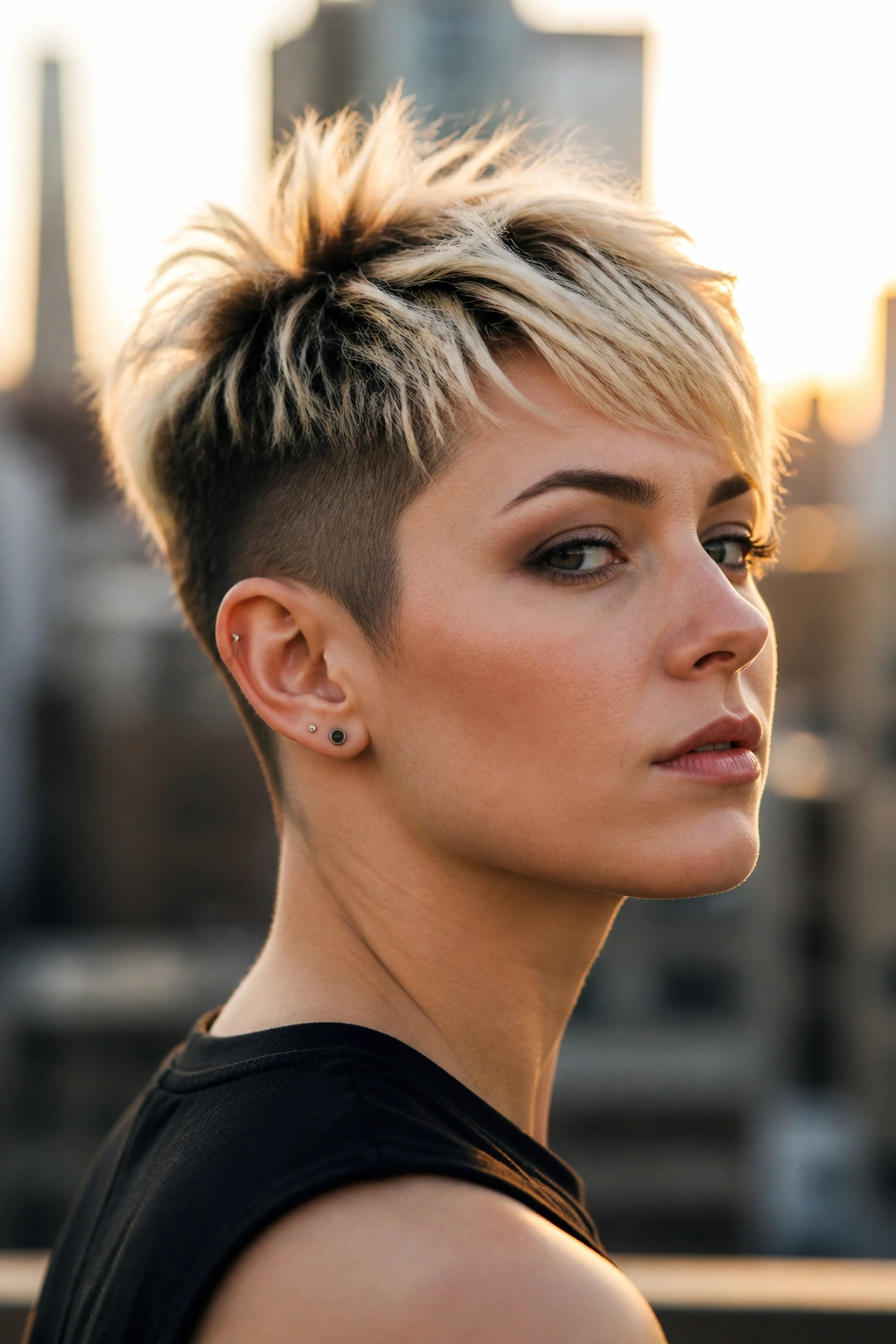 Close-up portrait of a real person with dark roots and bleached pixie ends