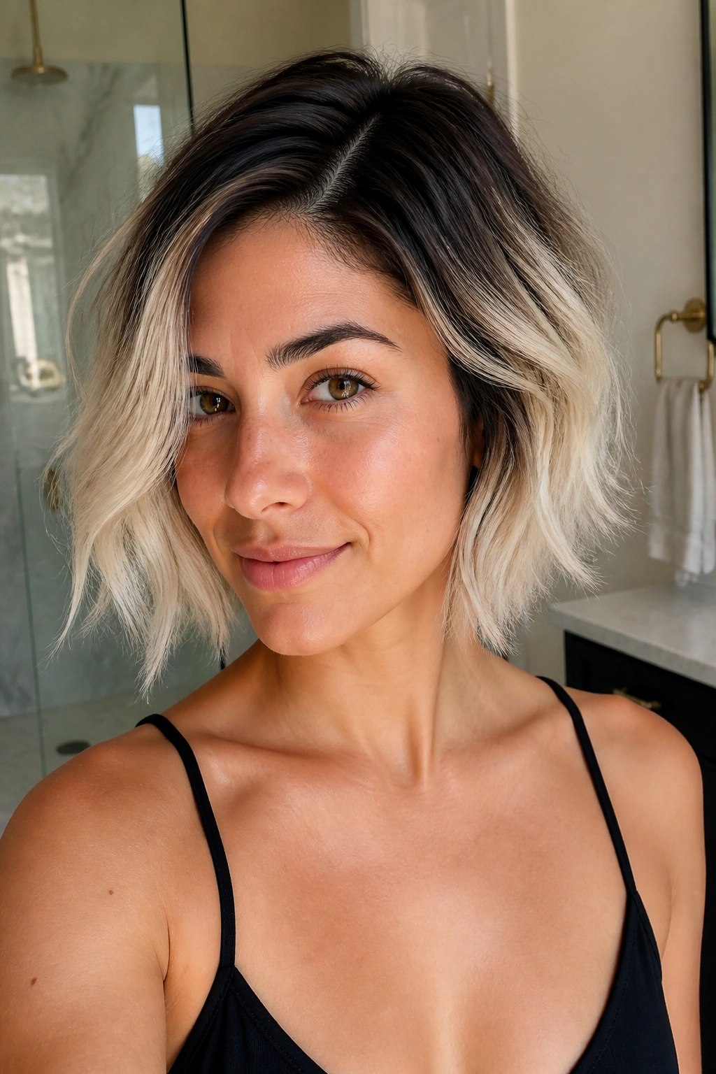 Portrait of a person with dark roots and vanilla cream ends on a short bob